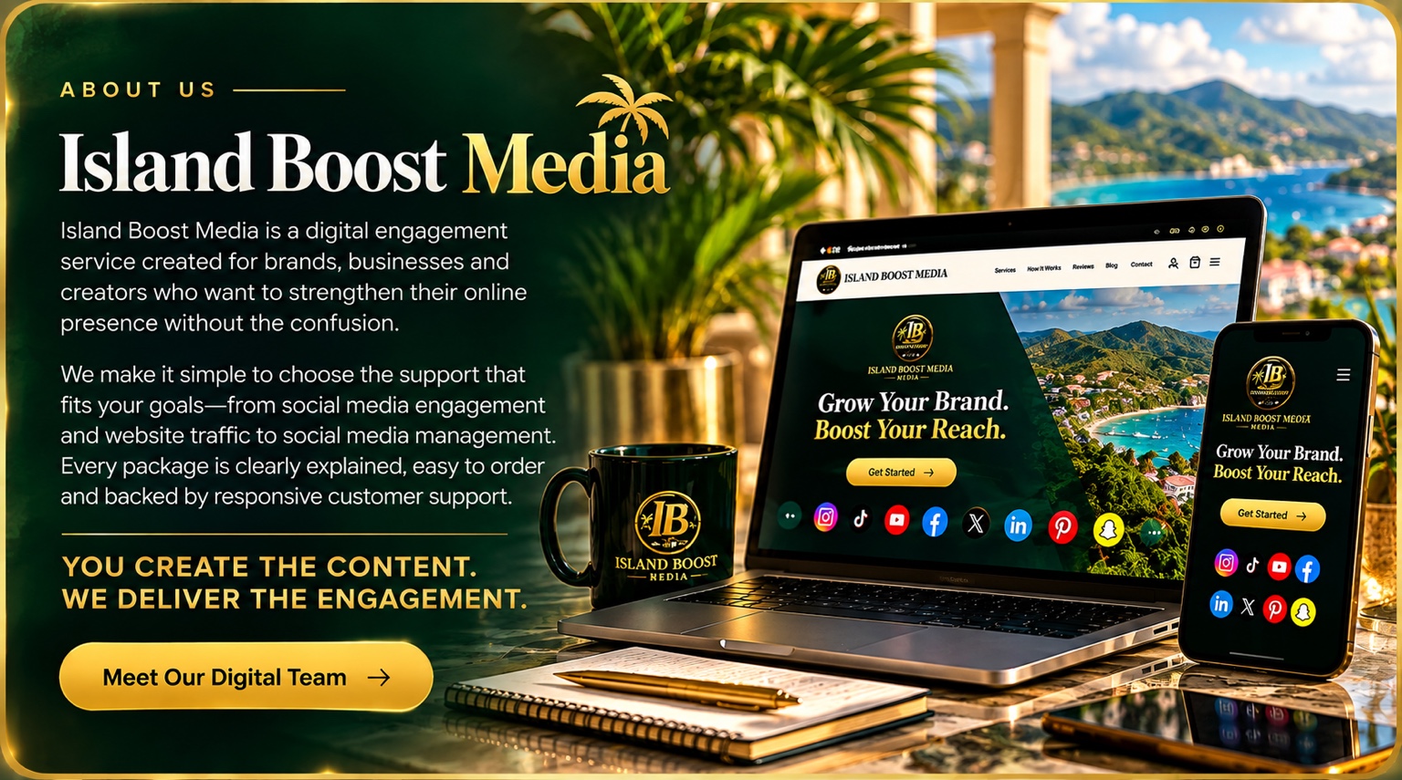 Laptop displaying Island Boost Media and smartphone with social platform icons in the approved tropical green-and-gold setting