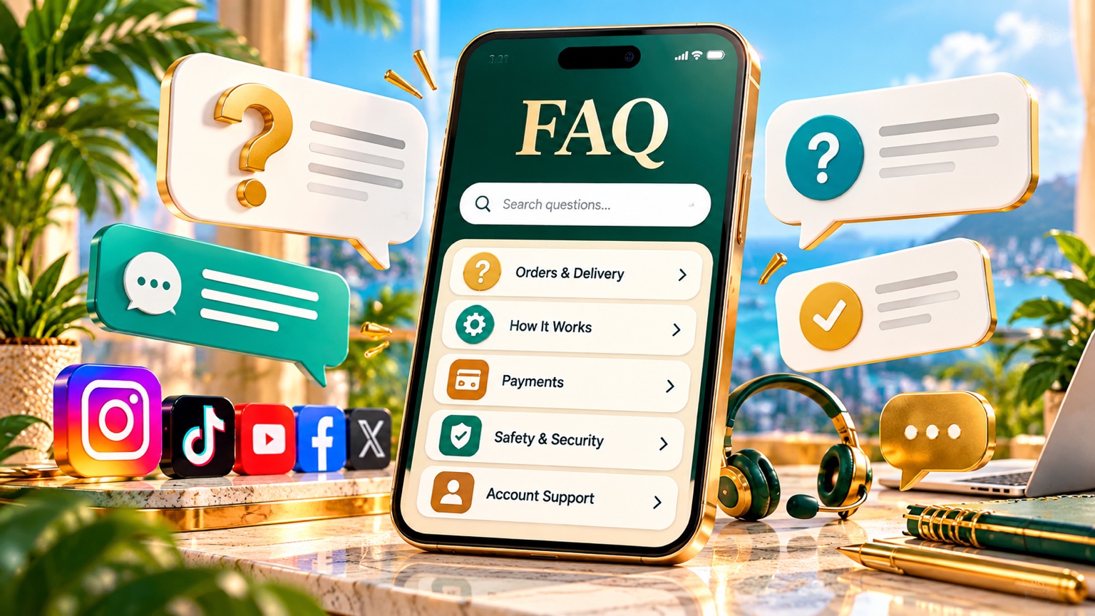 A large smartphone displaying FAQ categories, surrounded by question cards, helpful chat bubbles, checkmarks and social media icons