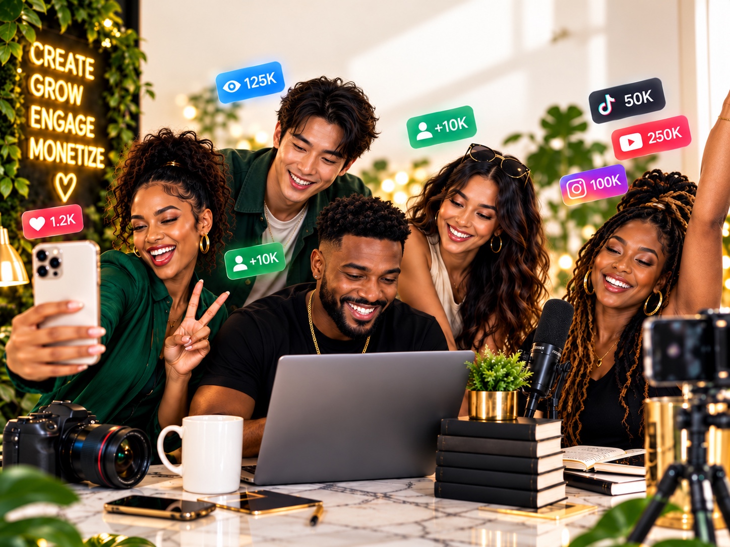 Five creators collaborating on content with social media engagement graphics