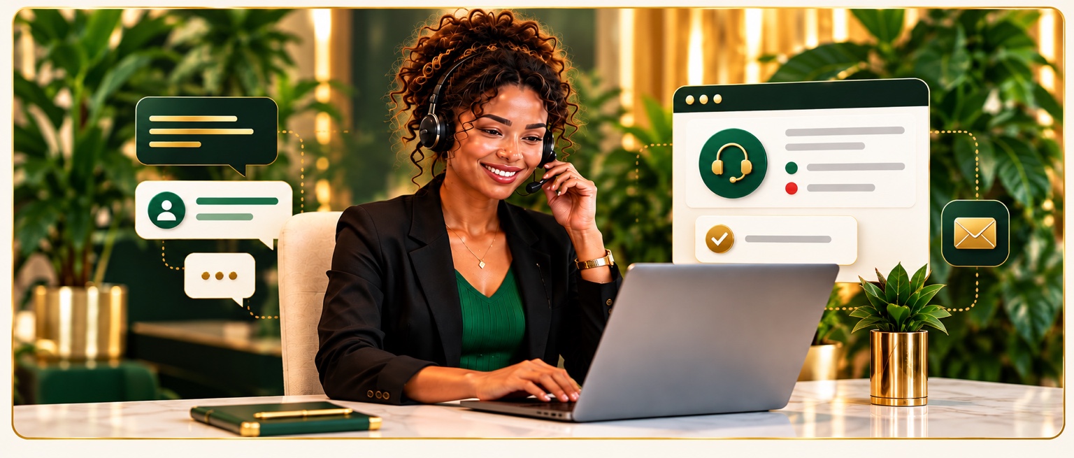Support representative with a headset and laptop, surrounded by green-and-gold chat panels and confirmation graphics in a lush premium setting
