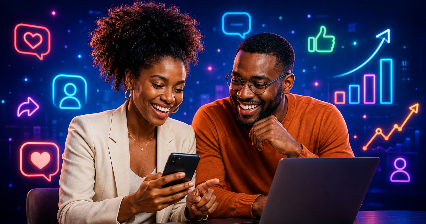 Two creators reviewing positive social media results against a bright neon analytics backdrop