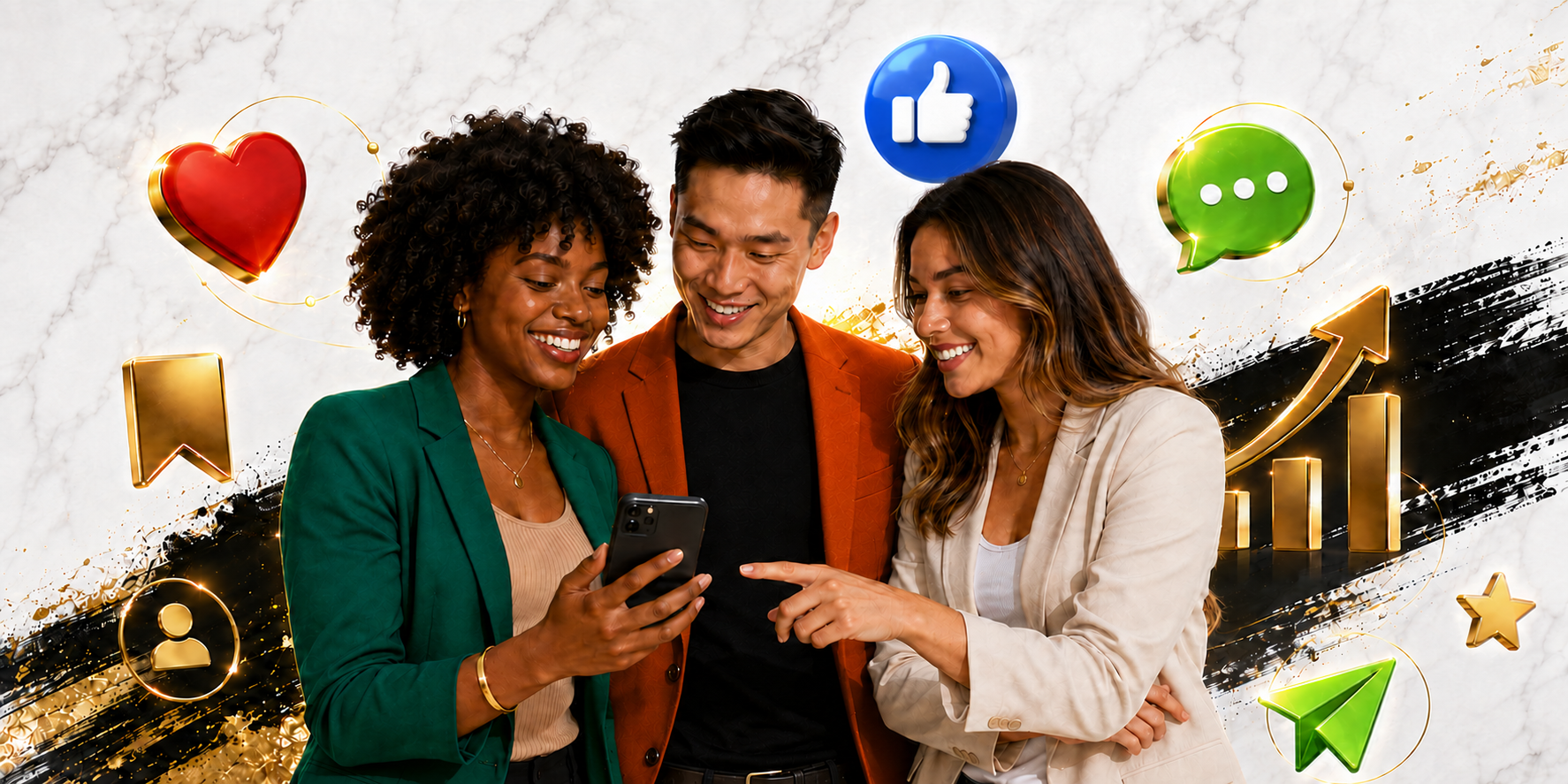 Three photorealistic multiracial creators in emerald green, burnt orange and cream clothing with colorful social media growth icons